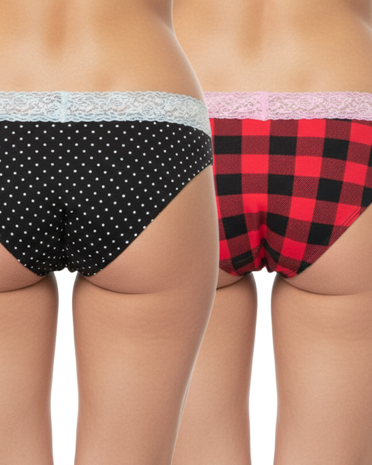 Pack of 2 Women's Cotton Brief Panty with Printed Design & Lace Waistband