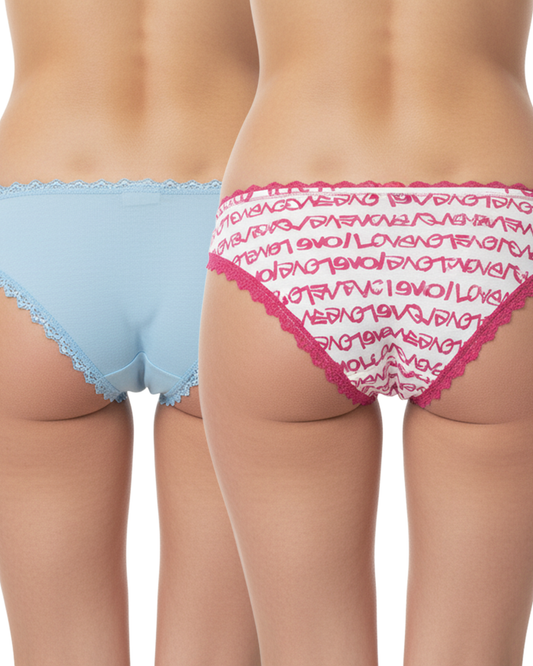 Pack of 2 Women’s Polyester Lace Brief Panty with Printed and Solid Design Light Blue-Red Panties