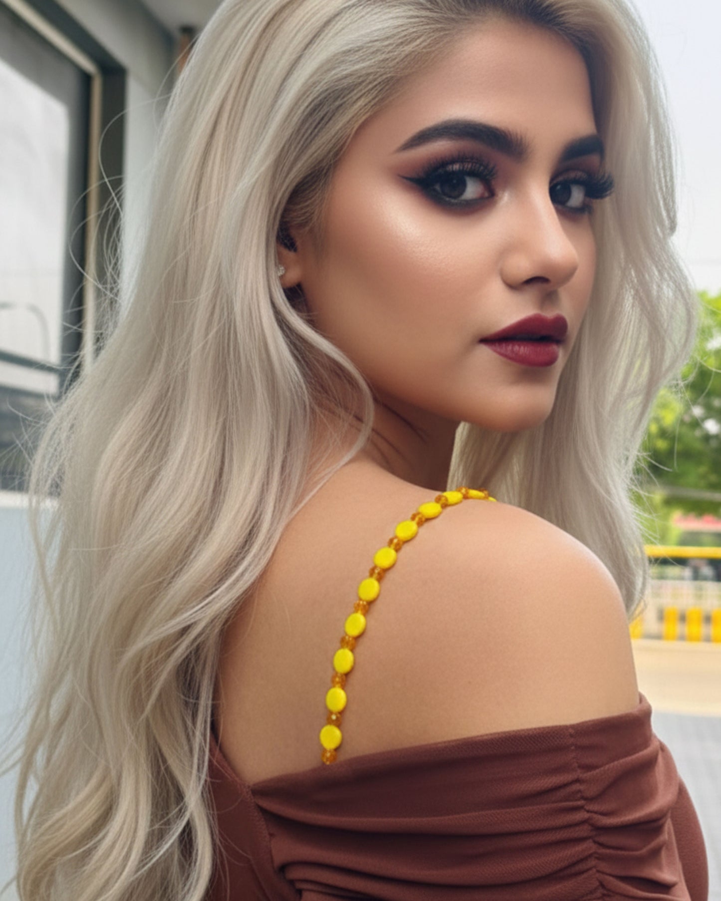 Yellow Beaded with Golden Pearl Bra Strap