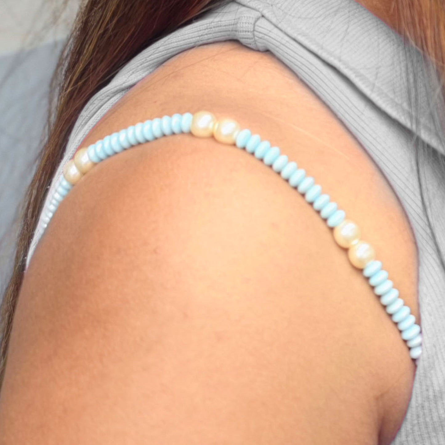 Sky Blue & Pearl Beaded Bra Strap
