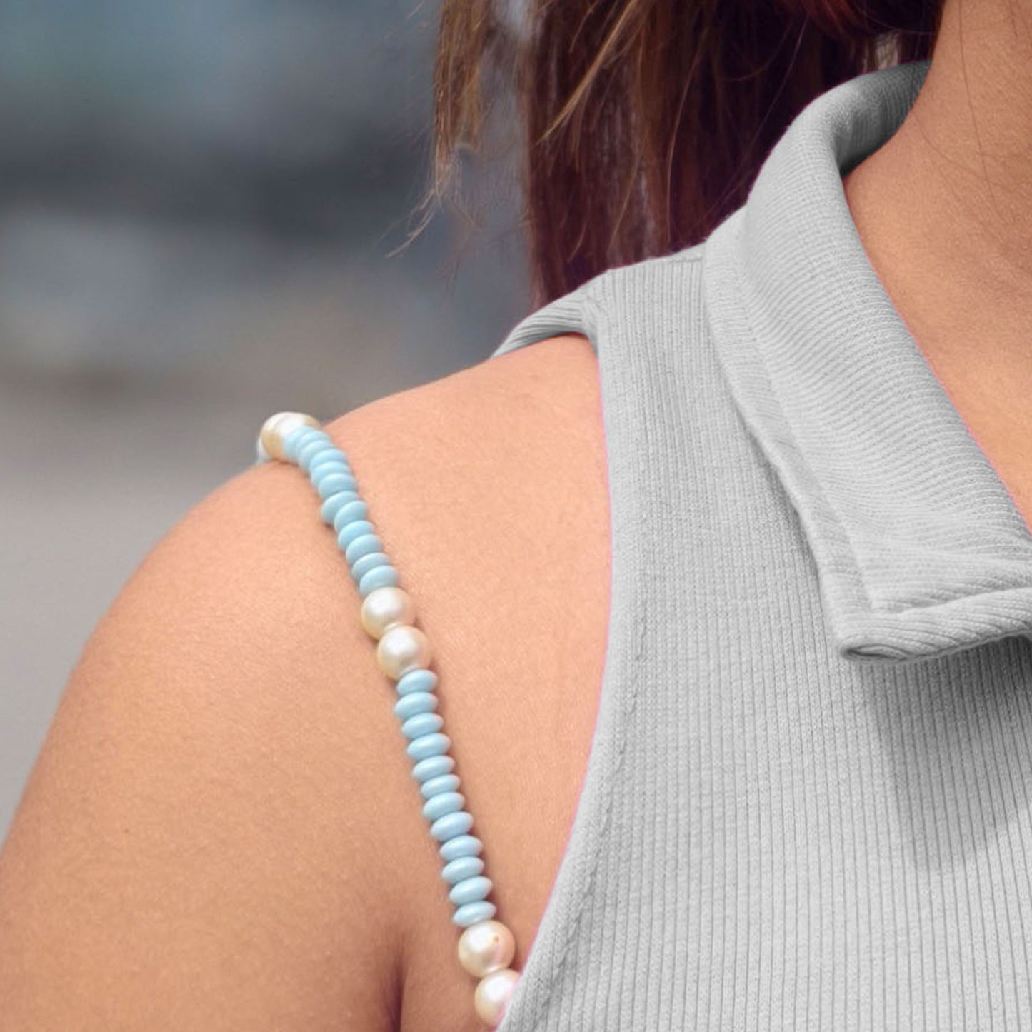 Sky Blue & Pearl Beaded Bra Strap