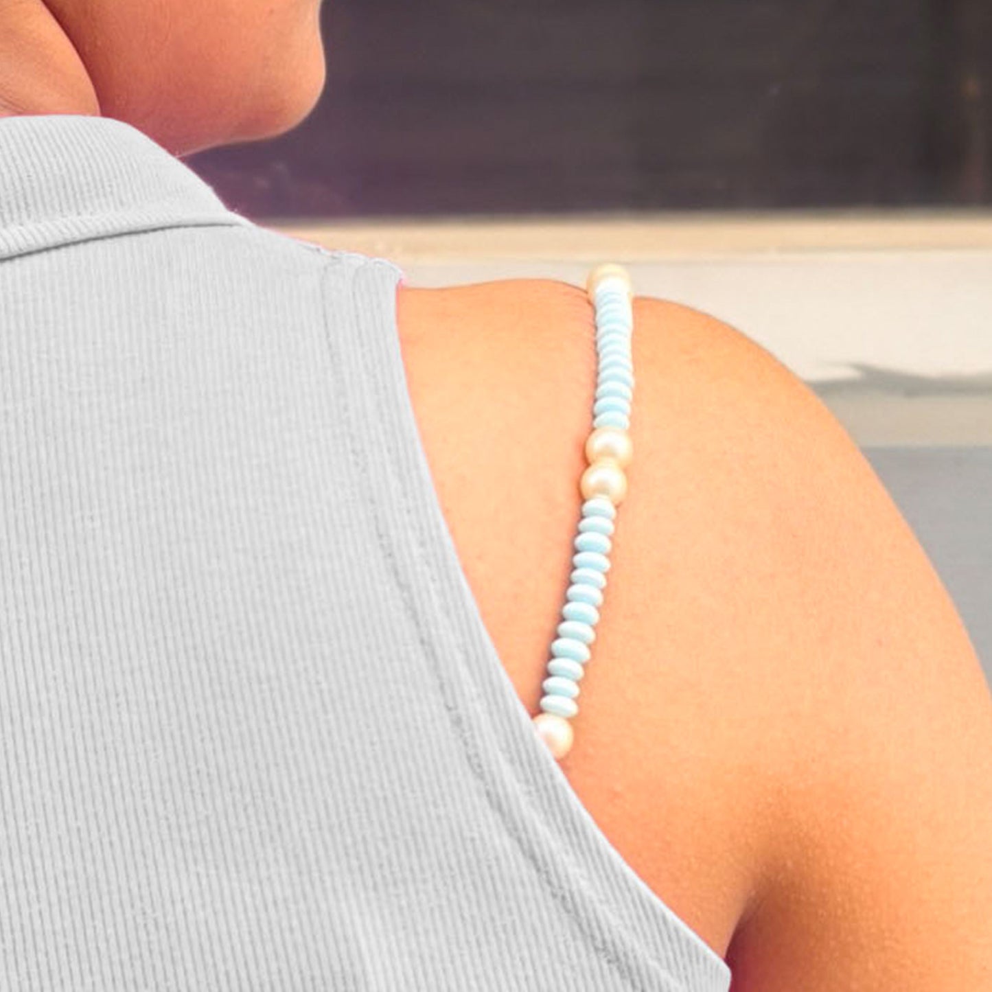 Sky Blue & Pearl Beaded Bra Strap