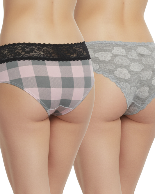 Pack of 2 Pink Checkered and Grey Lace Polyester Mid-Rise Panties for Women