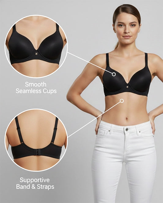 Pack of 2 Women's Wire Free Seamless Black Beige Lightly Padded Full Coverage Polyester T Shirt Bra