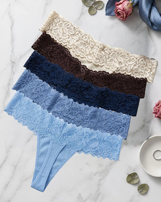 Multicolor G String Low Rise Thong Panty for Women with Lacy Waistband Pack of 5