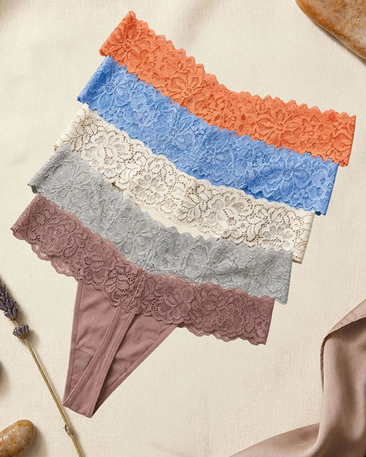 Pack of 5 G String Low Rise Thong Panty for Women with Lacy Waistband