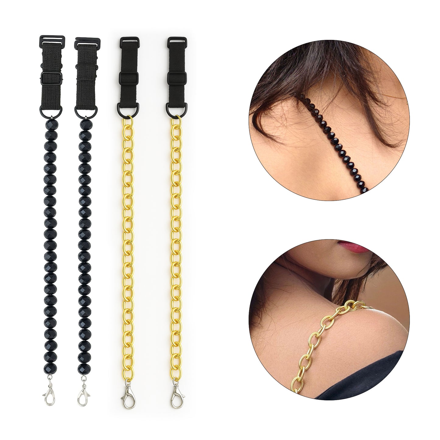 Women’s Adjustable Replacement Bra Straps – Black Beaded & Gold Chain Set