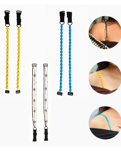 Pack of 3 Designer Bra Straps – Yellow Beads, Blue Beads & Black Chain | Premium Straps