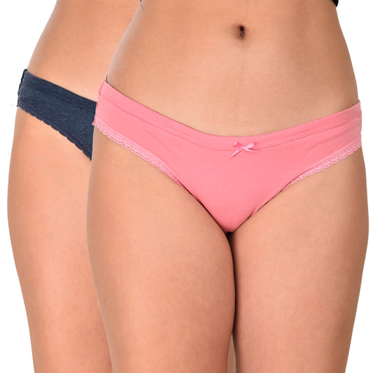Pack of 2 Pink and Navy Blue Cotton Bikini Underwear with Stretchy Lace Detailing
