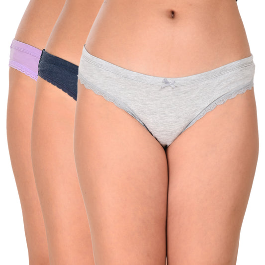 Pack of 3 Women’s Everyday Cotton Bikini Underwear with Stretchy Lace Trim