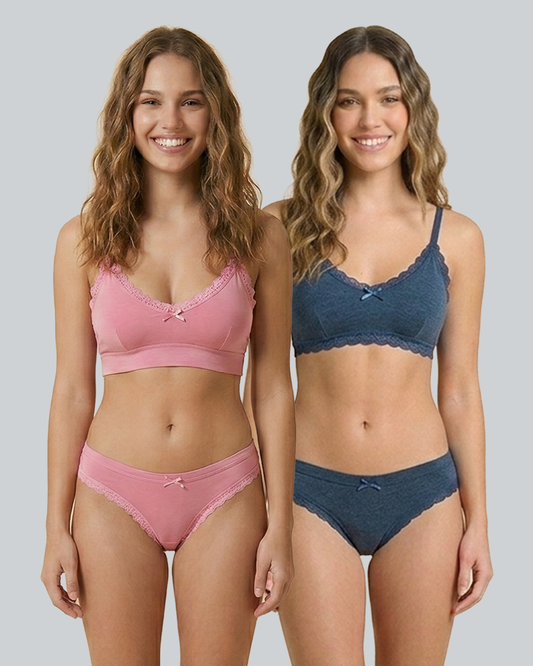 Pack of 2 Pink and Navy Blue Cotton Bikini Underwear with Stretchy Lace Detailing