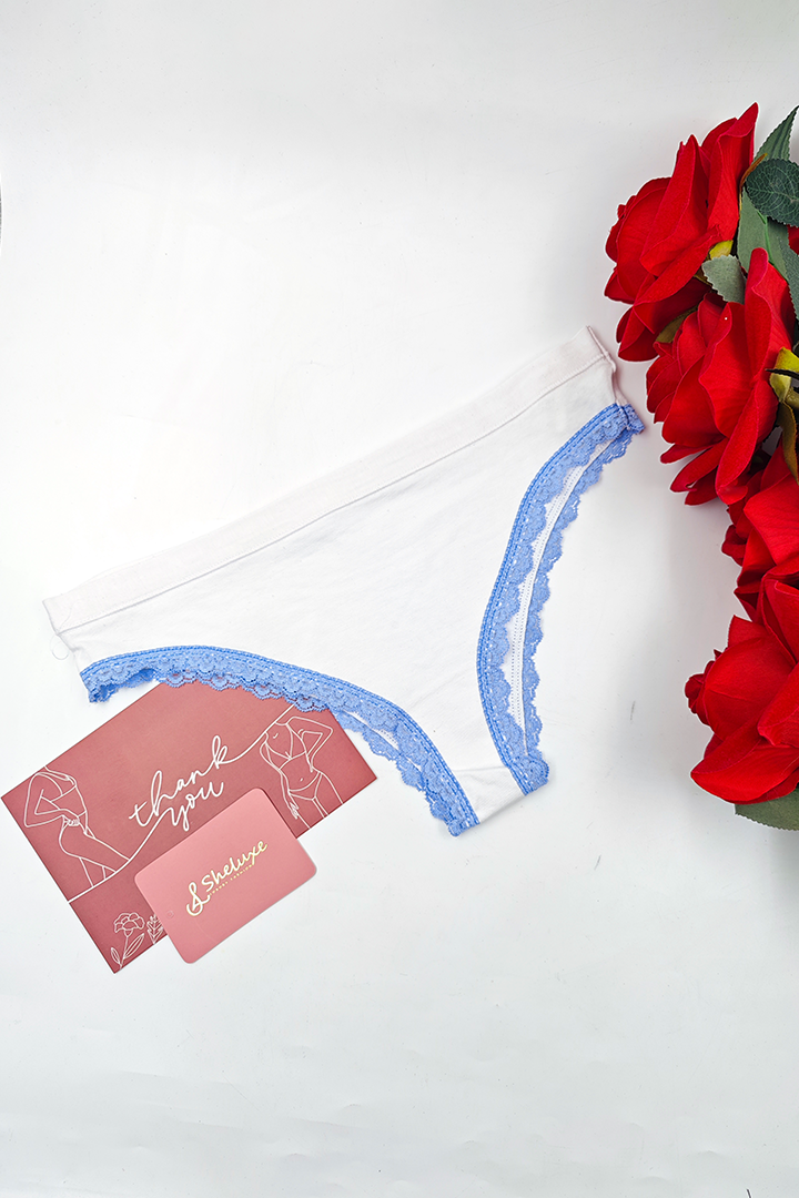 Women White Plan With Blue Side Lace Panty