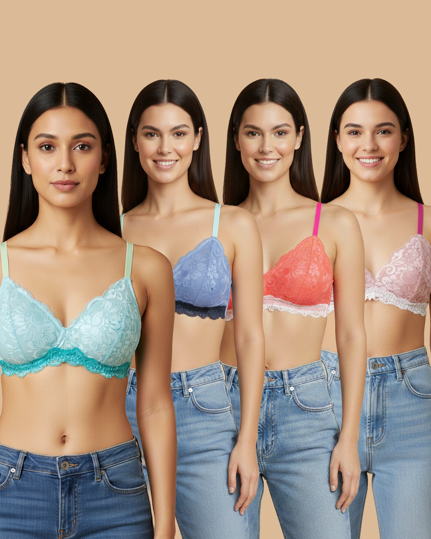 Women’s Wire-Free Non Padded Floral Bras – Pack of 4 Multi-Color