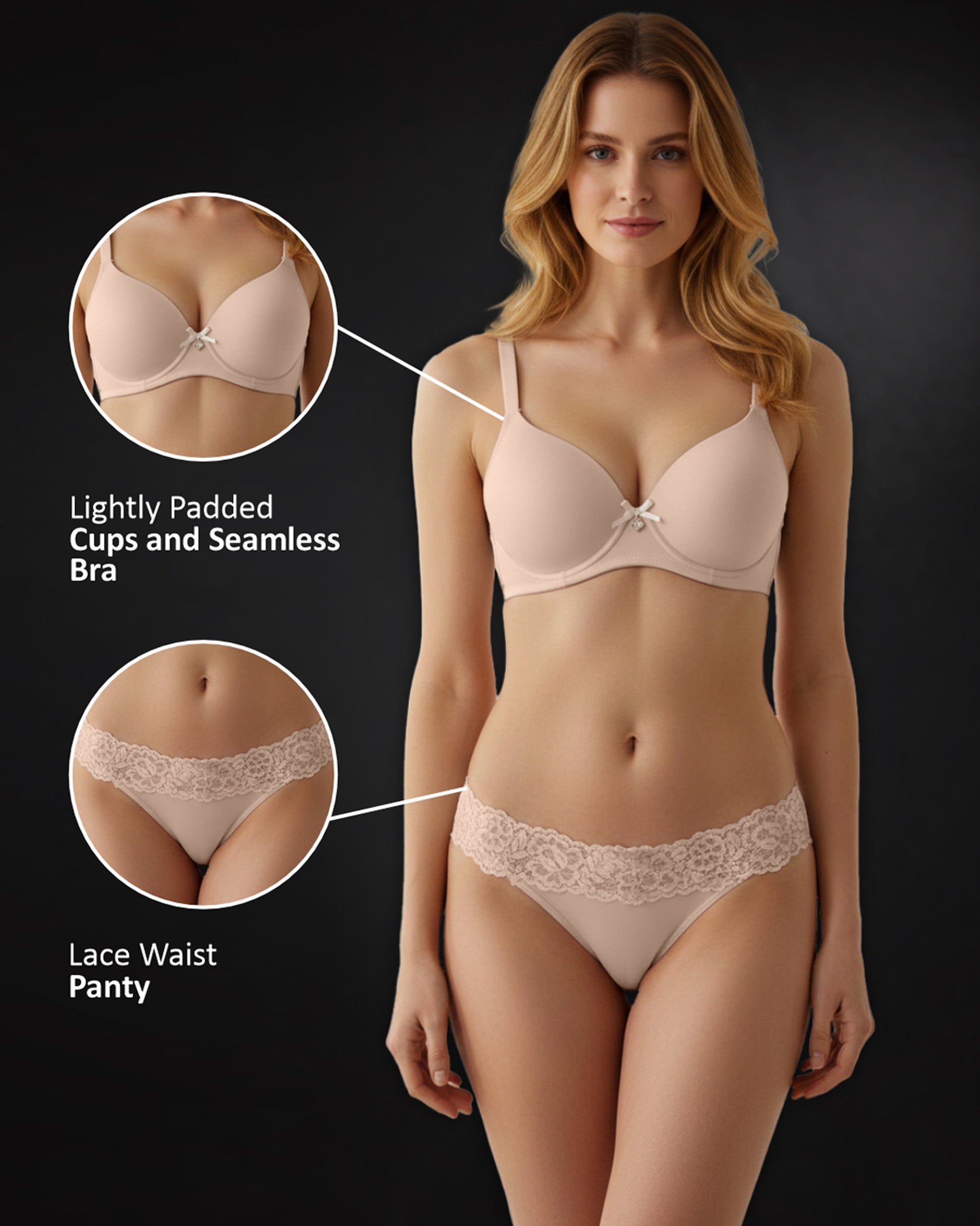 Beige Polyester Non-Wired Lightly Padded Lingerie Set for Women