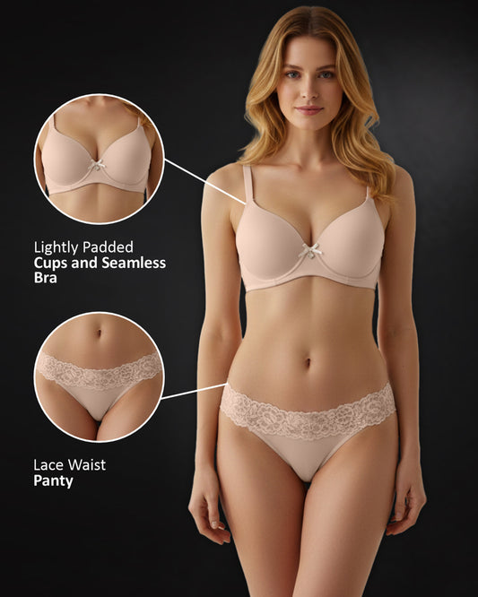 Beige Polyester Non-Wired Lightly Padded Lingerie Set for Women