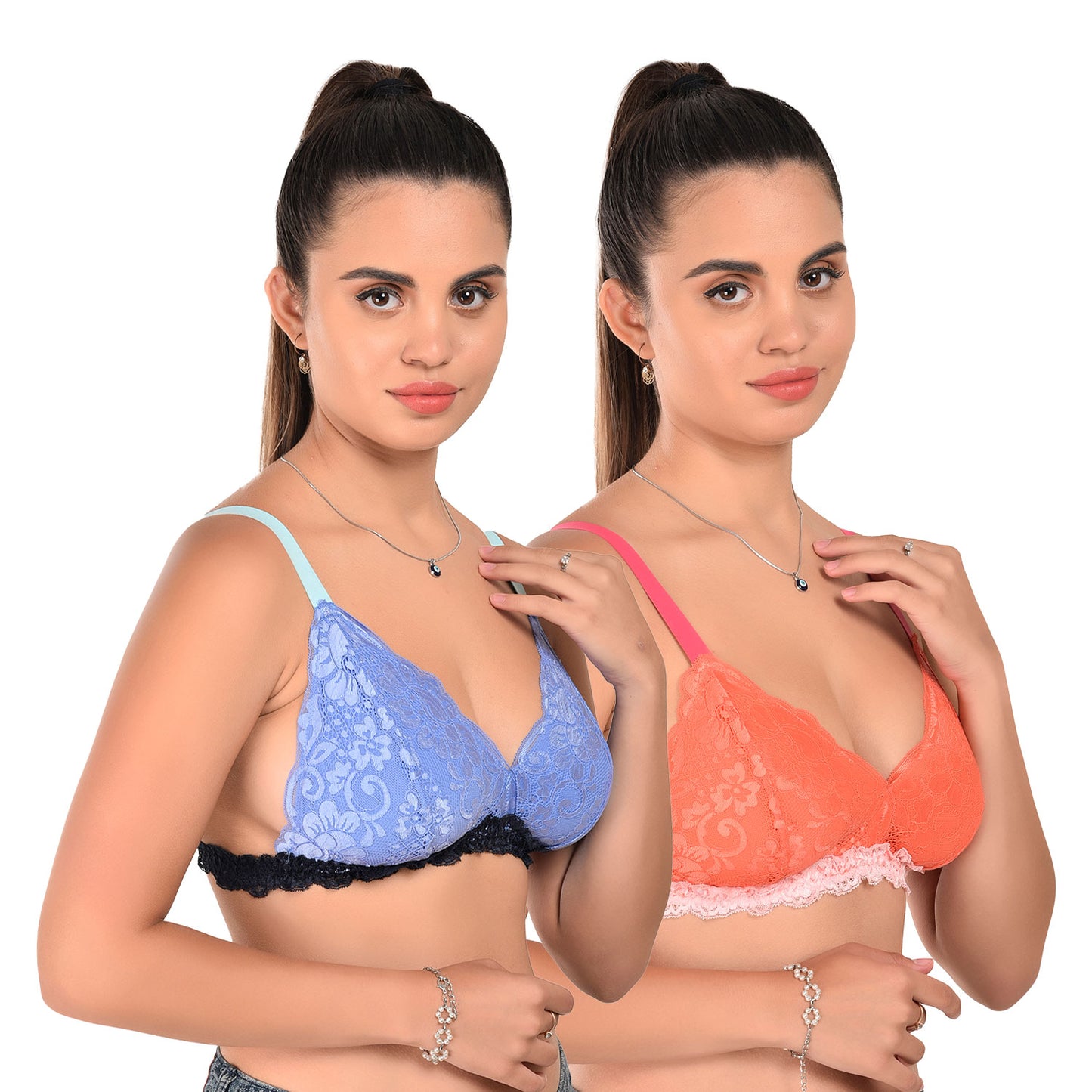 Women’s Lace Lightly Padded Bralette Pack of 2 Blue & Orange