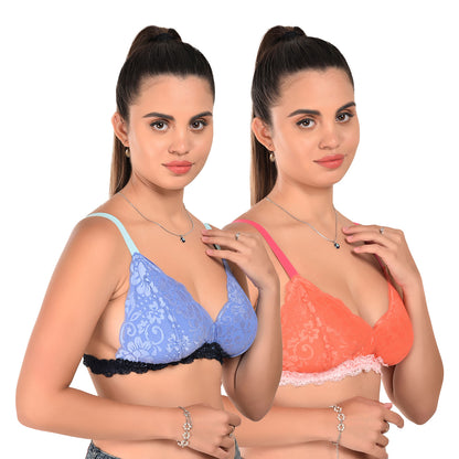 Women’s Lace Lightly Padded Bralette Pack of 2 Blue & Orange