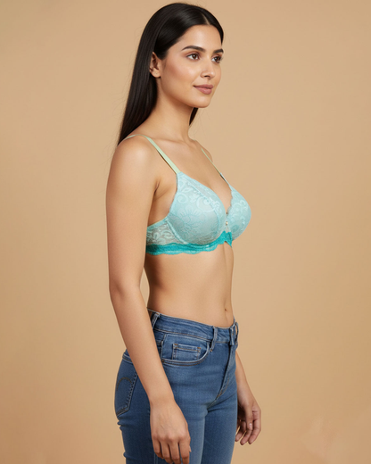 Women’s Wire-Free Non Padded Lace Bra Set – Sky Blue & Blue