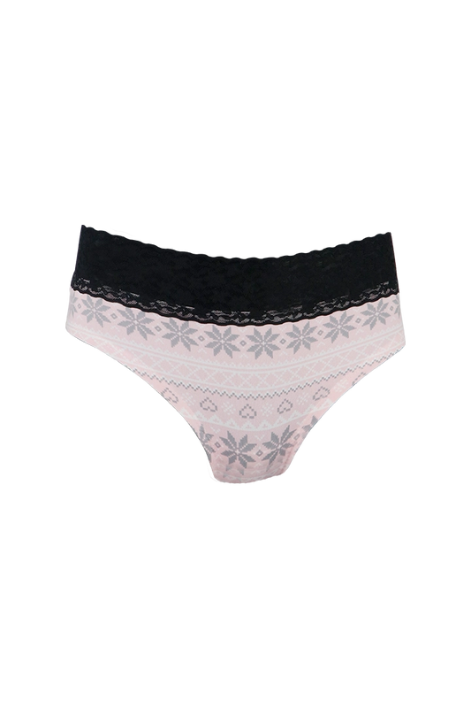 Women Pink Printed With Black Lace Panty