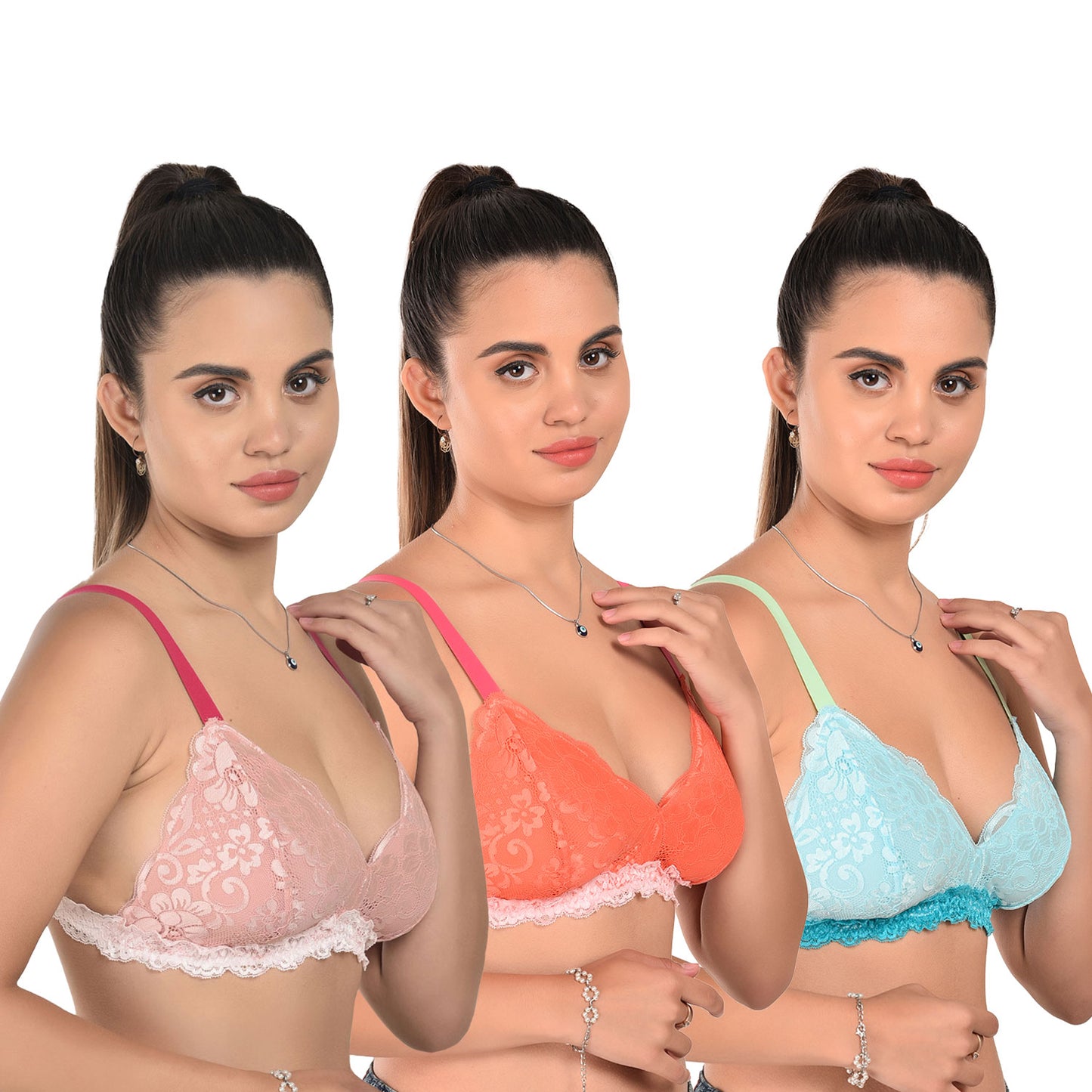 Lightly Padded Lace Bralette for Women – Pack of 3