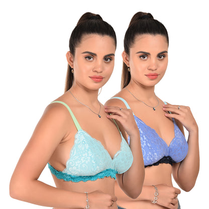Women’s Wire-Free Lace Bra Set – Sky Blue & Blue