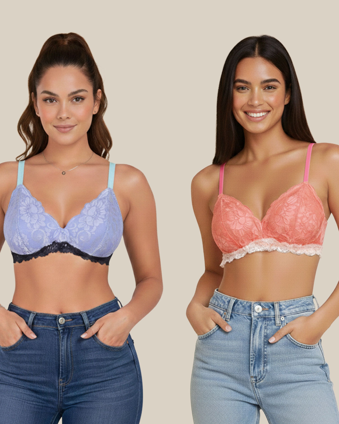 Women’s Lace Non Padded Bralette Pack of 2 Blue & Orange