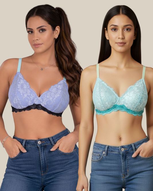 Women’s Wire-Free Non Padded Lace Bra Set – Sky Blue & Blue