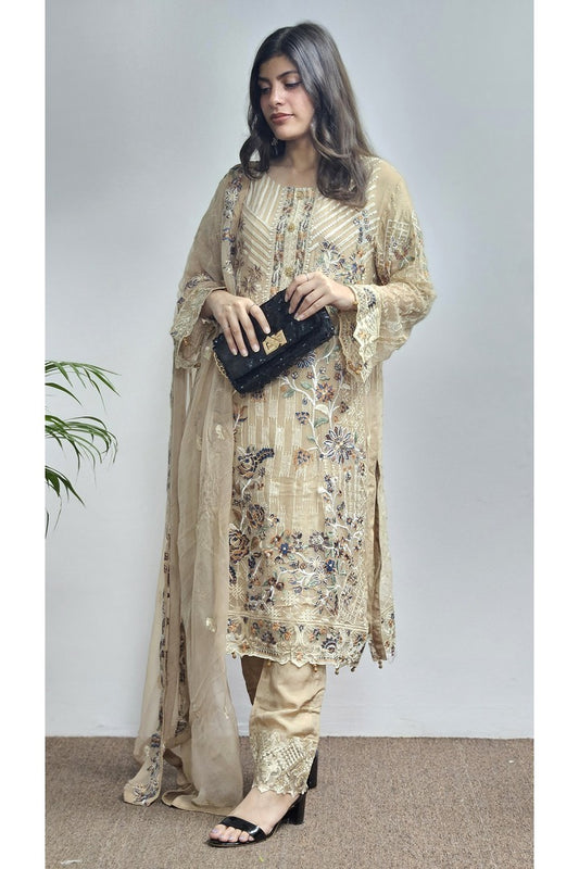 Sand Color Salwar Kameez With Embroidered Dupatta