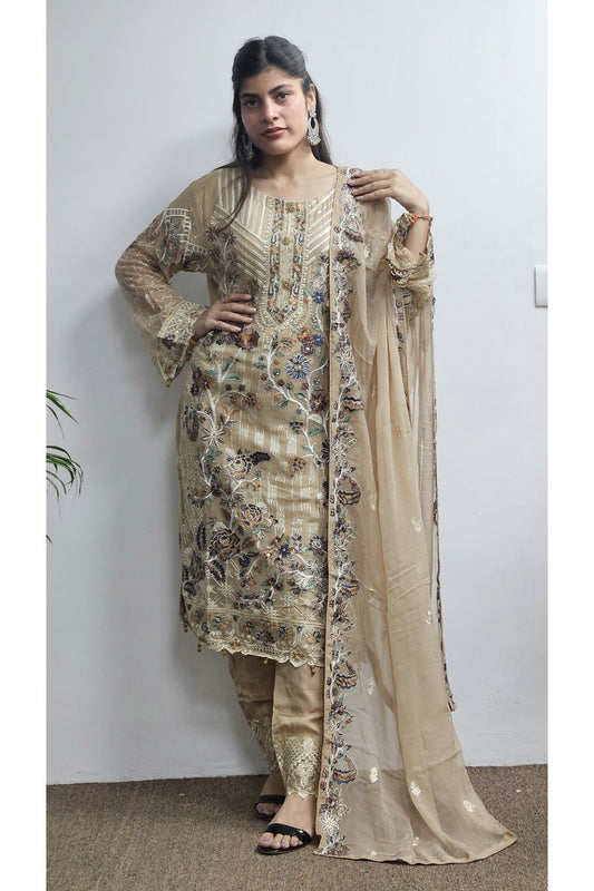 Sand Color Salwar Kameez With Embroidered Dupatta