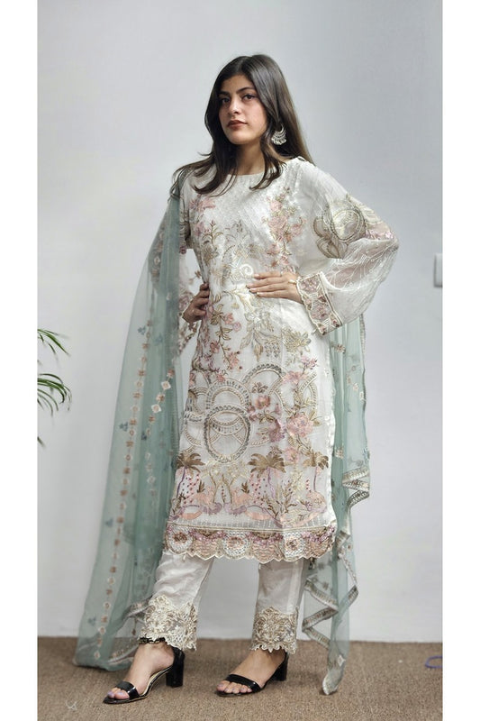 Pakistani White Heavy Dupatta With Suit