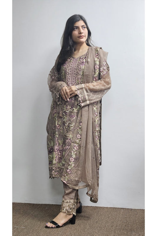 Brown Georgette Suit With Embroidered Dupatta