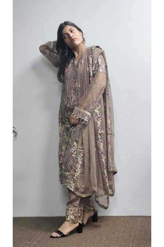 Brown Georgette Suit With Embroidered Dupatta