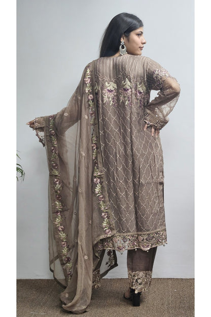 Brown Georgette Suit With Embroidered Dupatta