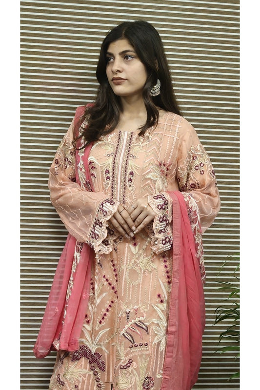 Peach Salwar Kameez With Embroidered Dupatta