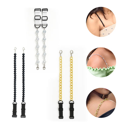 Pack of 3 Adjustable Bra Straps for Women with Black, Crystal and Gold Chain Designs