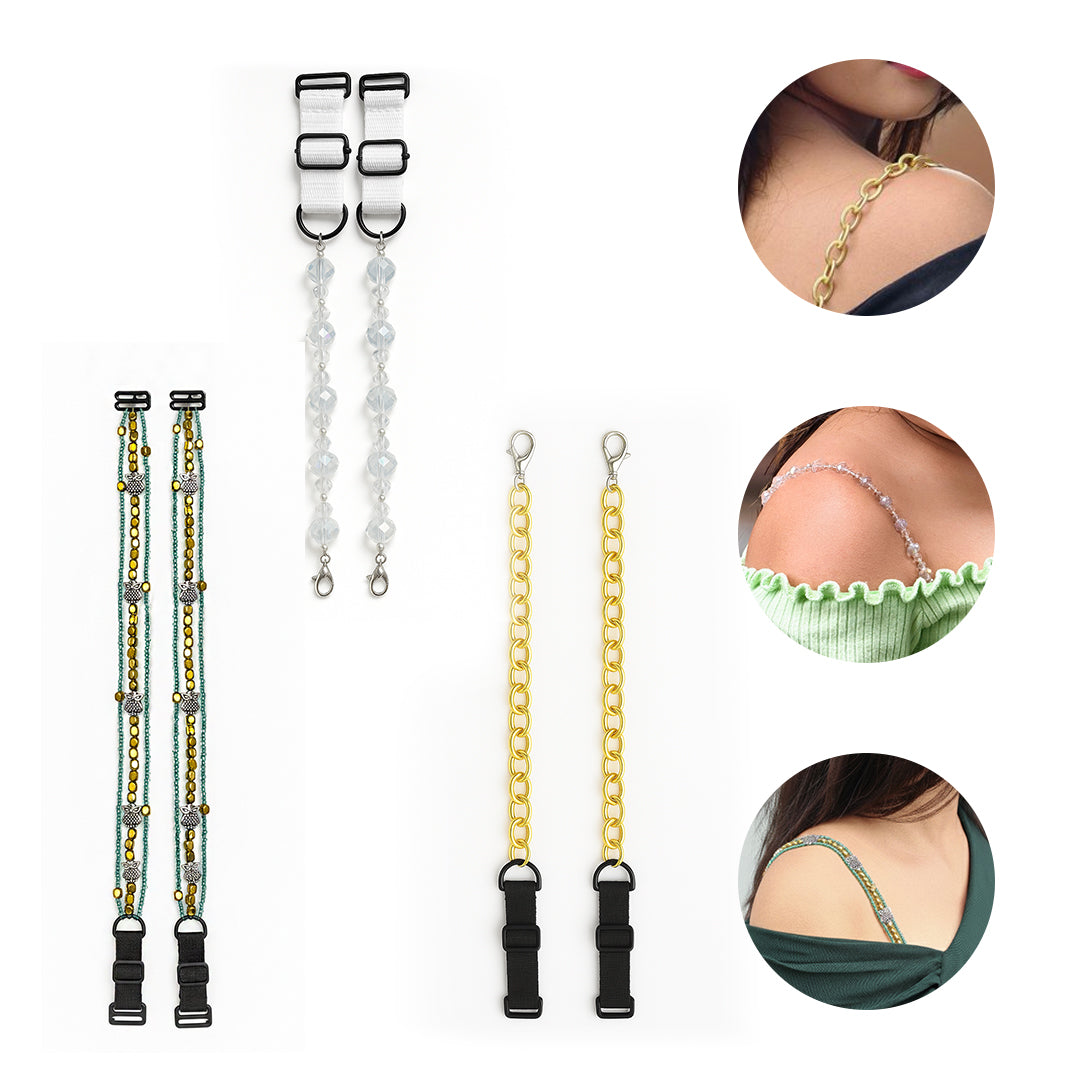 Pack of 3 Stylish Bra Straps in Crystal Clear, Gold & Multicolor | Detachable Straps