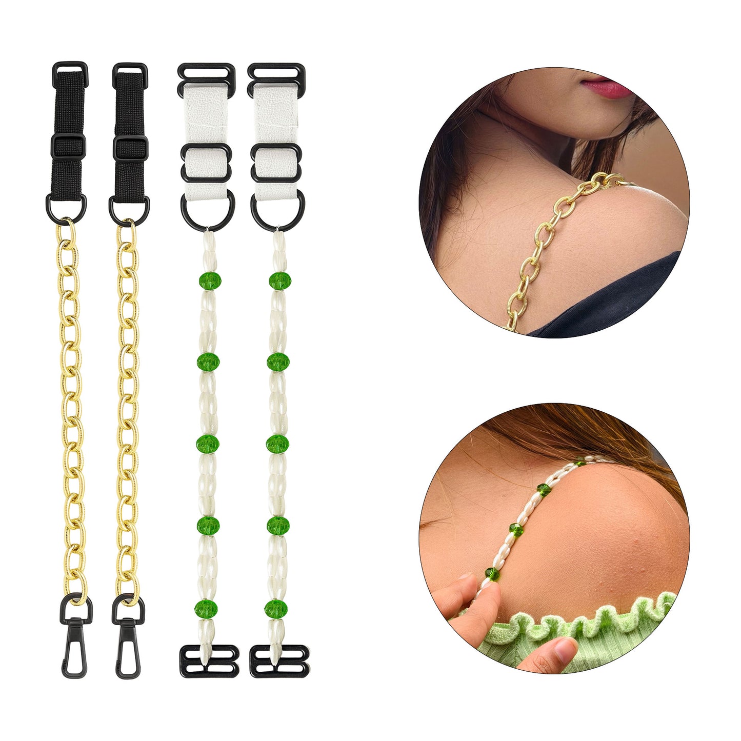Pack of 2 Adjustable Beaded Bra Straps for Women – Gold & White Green
