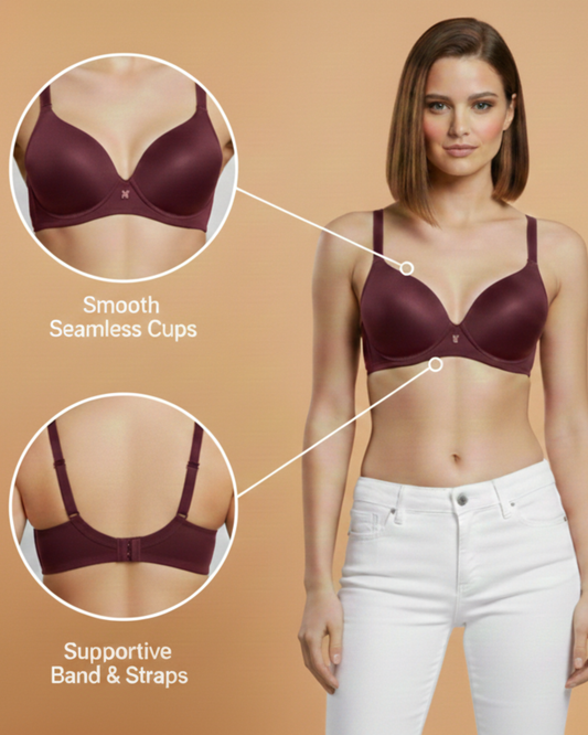 Pack of 2 Women's Wire Free Seamless Maroon Beige Lightly Padded Full Coverage Polyester T Shirt Bra