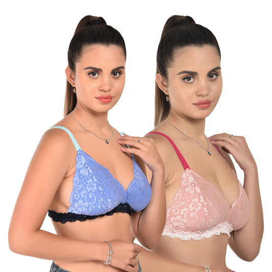 Women’s Wire-Free Lace Bralette Set – Blue & Pink Pack of 2