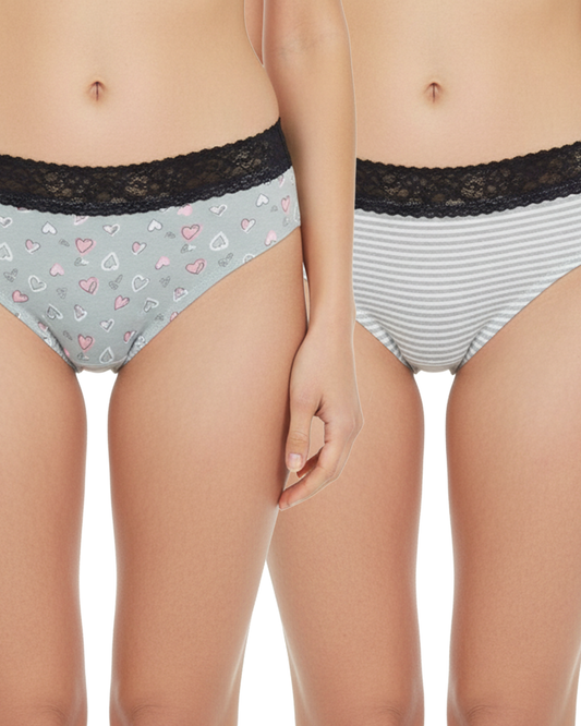 Pack of 2 Sheluxe Women’s Mid-Rise Panty – Heart Print & Grey Striped Design with Elegant Lace Waistband