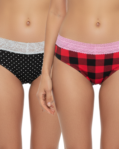 Pack of 2 Women's Cotton Brief Panty with Printed Design & Lace Waistband