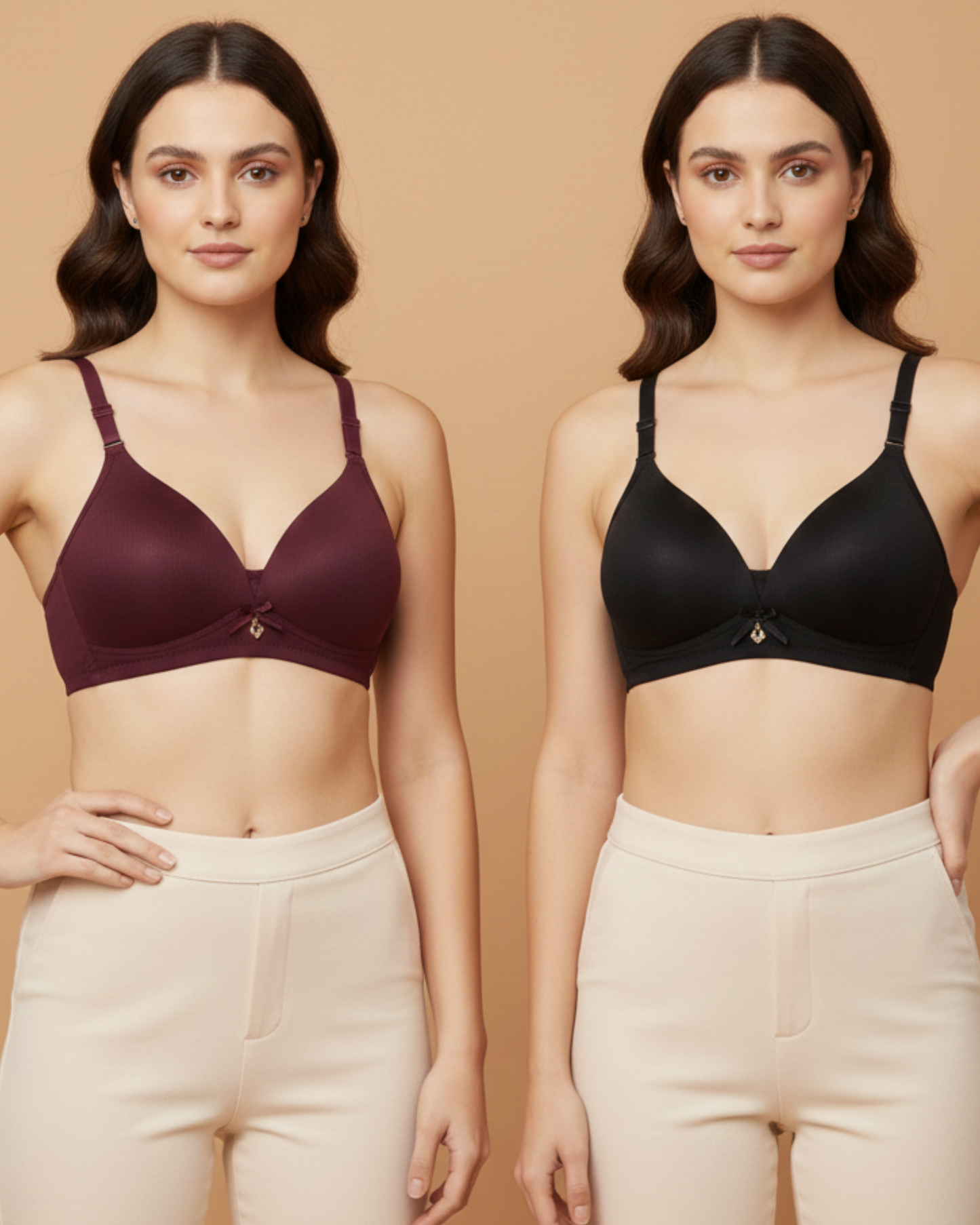 Pack of 2 Women's Wire Free Seamless Maroon Black Lightly Padded Full Coverage Polyester T Shirt Bra