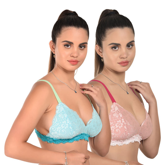 Pack of 2 Lace Lightly Padded Bra – Sky Blue & Pink