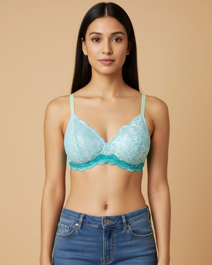 Women’s Wire-Free Non Padded Lace Bra Set – Sky Blue & Blue