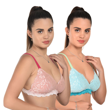 Pack of 2 Lace Lightly Padded Bra – Sky Blue & Pink