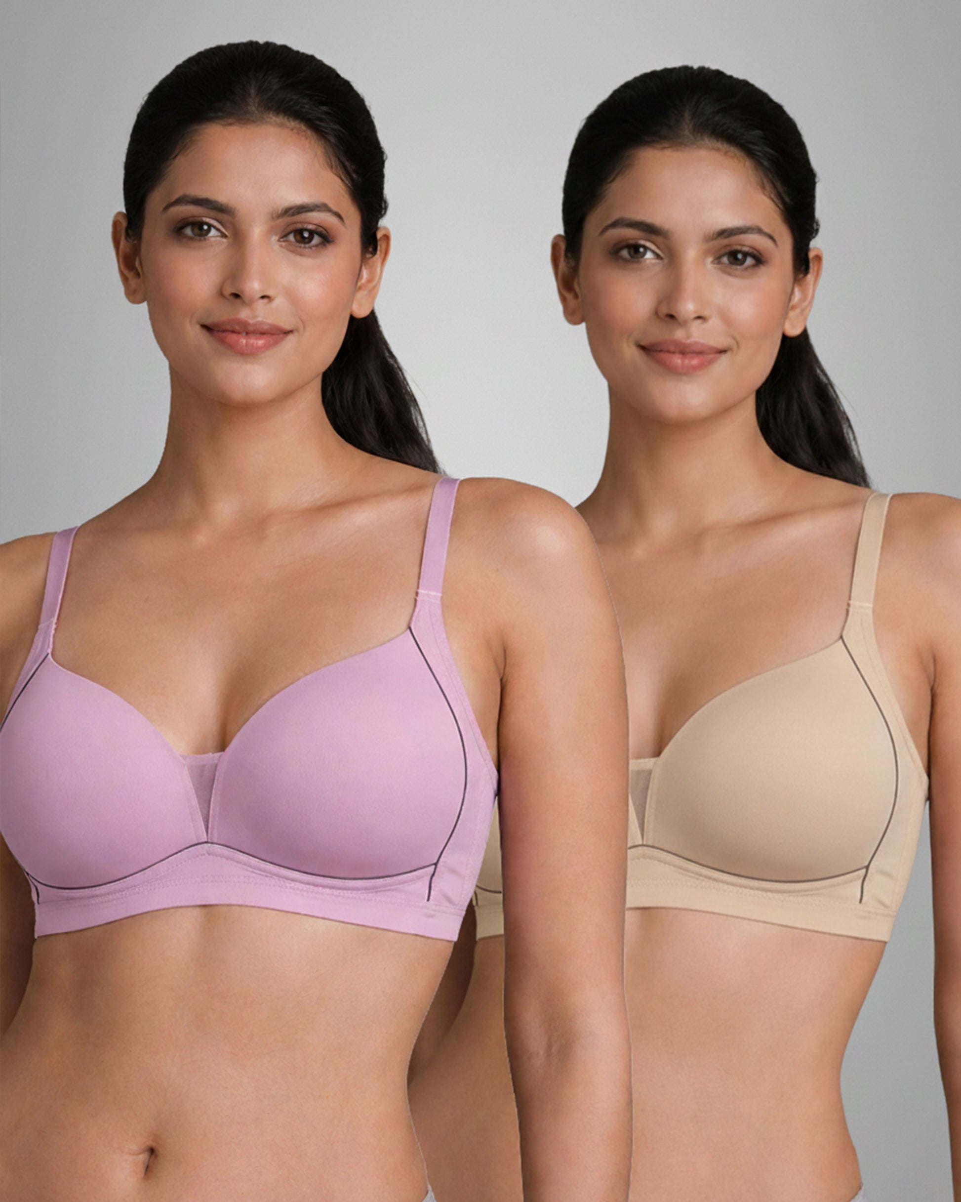 Pack of 2 Women Lightly Padded Wire Free Polyester Purple Beige Comfort Bra