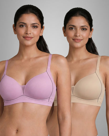 Pack of 2 Women Lightly Padded Wire Free Polyester Purple Beige Comfort Bra