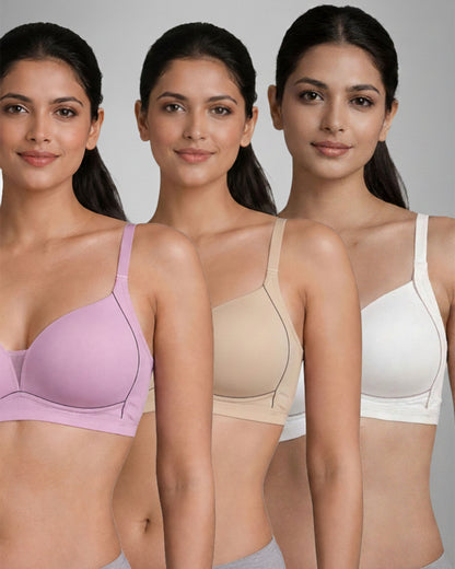 Pack of 3 Women Lightly Padded Wire Free Polyester Purple Beige White Comfort Bra