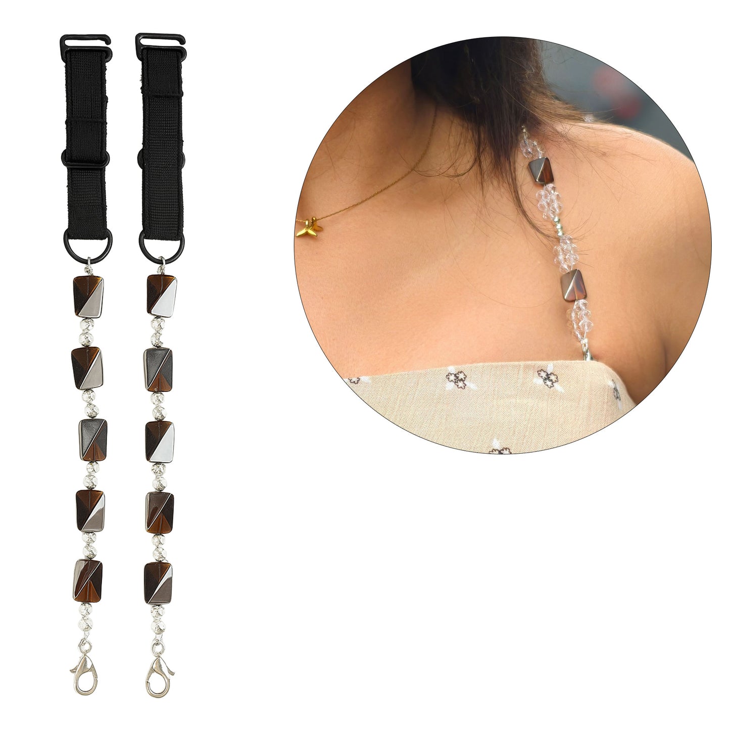 Black & Bronze Geometric Beaded Bra Strap