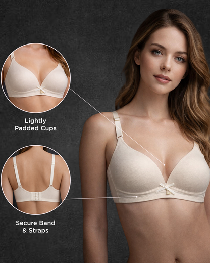 Pack of 2 Women's Wire Free Seamless Black Beige Lightly Padded Full Coverage Polyester T Shirt Bra